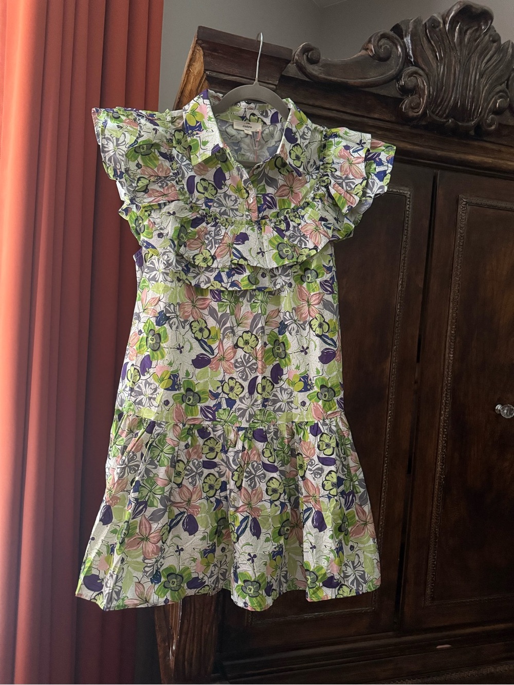 Entro ~ Women’s Floral Ruffle Mini Dress in Green, Pink & Purple
